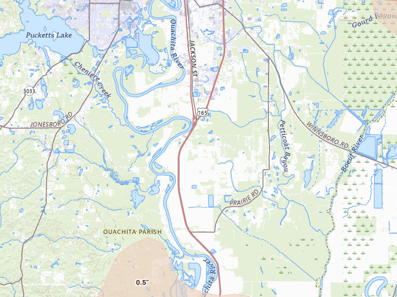 Radar-estimated hail-size map of the storm over Monroe, LA on May 10, 2026