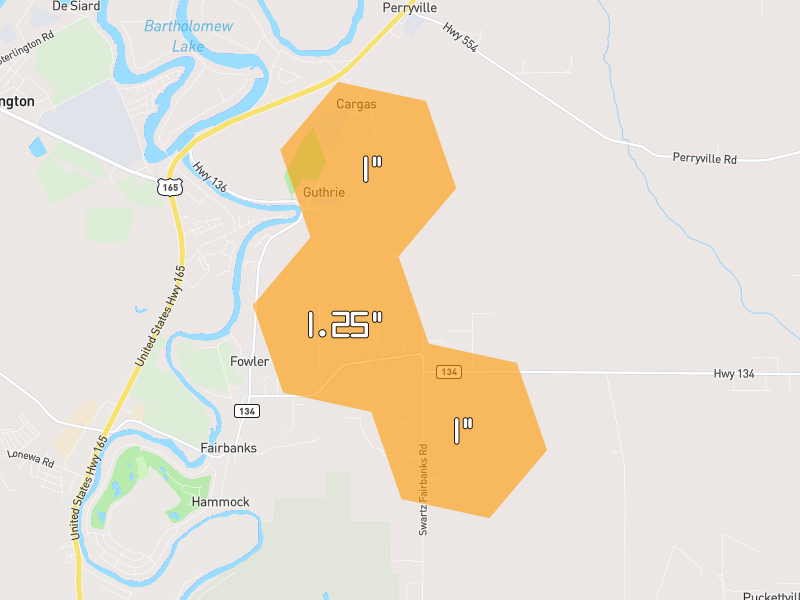 Hail map of Monroe, LA on Jun 2, 2026, hail up to 1.25"