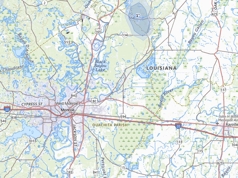 NEXRAD radar-signature map of the hail storm over Monroe, LA on Jul 4, 2026