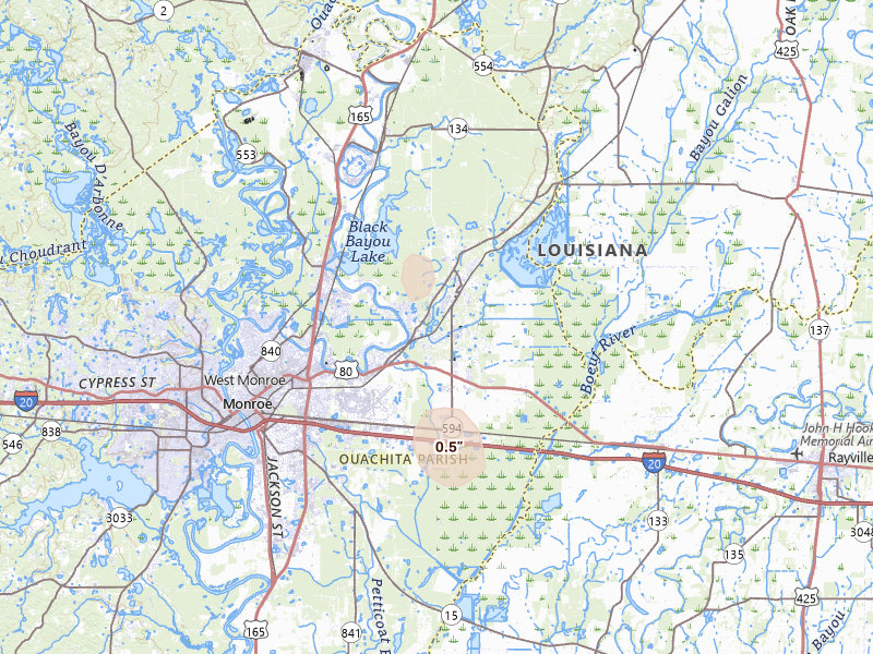 Radar-estimated hail-size map of the storm over Monroe, LA on Aug 8, 2026