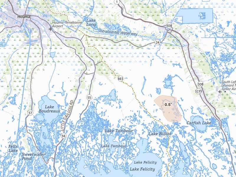 Radar-estimated hail-size map of the storm over Montegut, LA on Jul 1, 2026