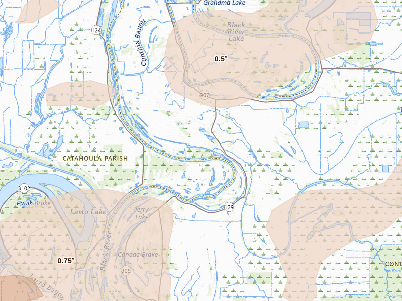 Radar-estimated hail-size map of the storm over Monterey, LA on May 6, 2026