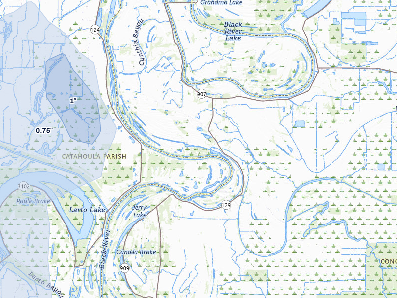 NEXRAD radar-signature map of the hail storm over Monterey, LA on Jul 5, 2026