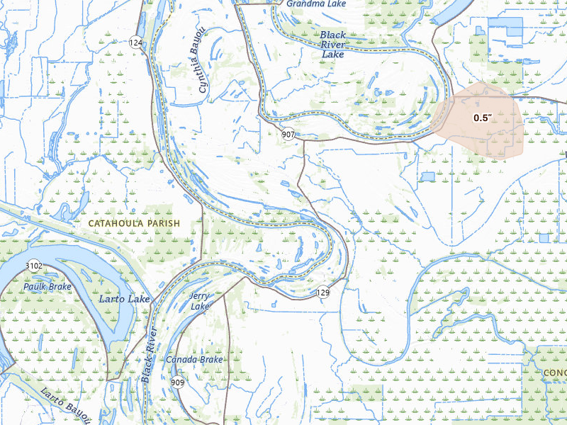 Radar-estimated hail-size map of the storm over Monterey, LA on Jul 6, 2026