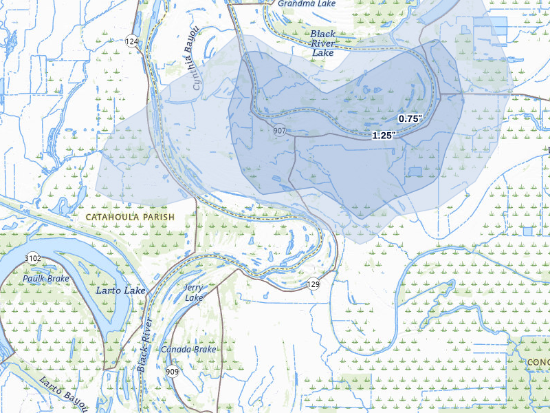 NEXRAD radar-signature map of the hail storm over Monterey, LA on Jul 6, 2026