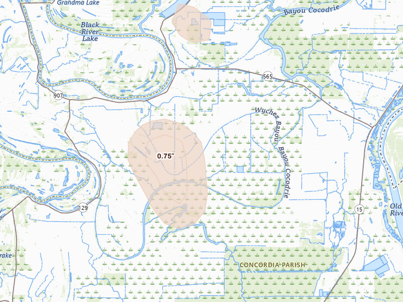 Radar-estimated hail-size map of the storm over Monterey, LA on Aug 5, 2026