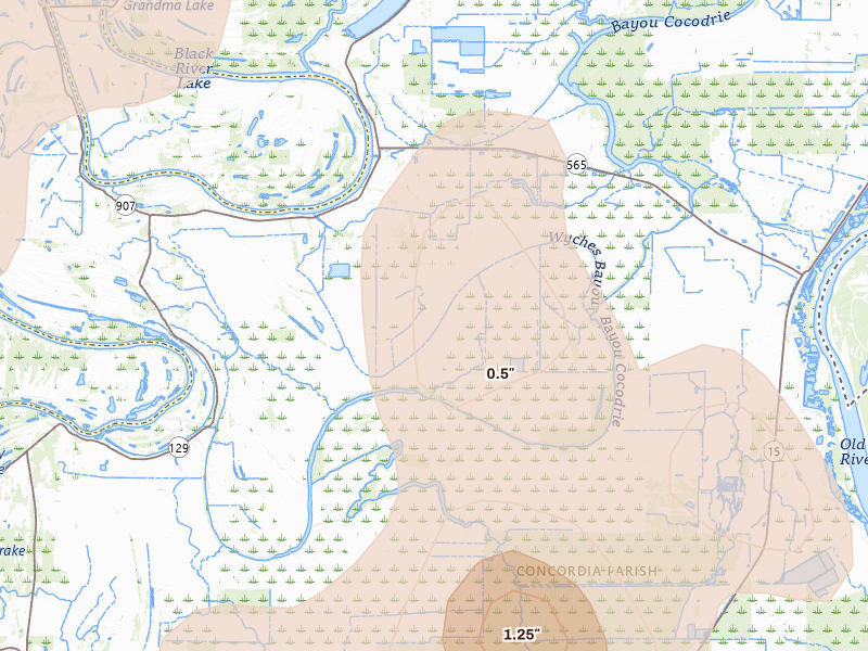Radar-estimated hail-size map of the storm over Monterey, LA on Aug 21, 2026