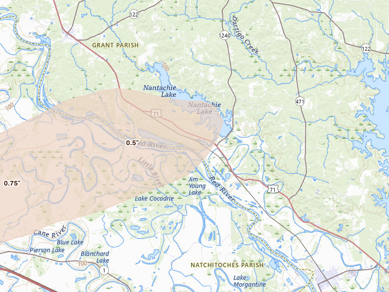 Radar-estimated hail-size map of the storm over Montgomery, LA on Mar 7, 2026