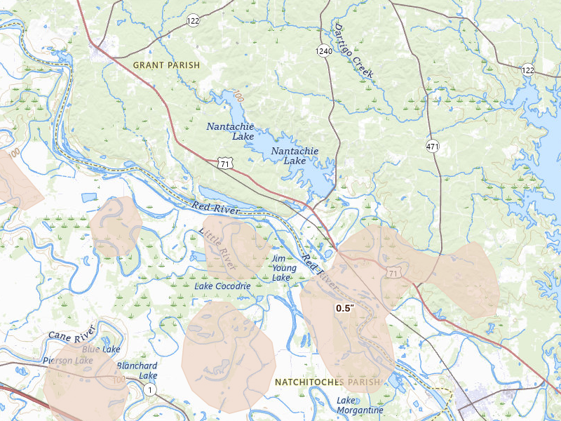 Radar-estimated hail-size map of the storm over Montgomery, LA on Apr 29, 2026