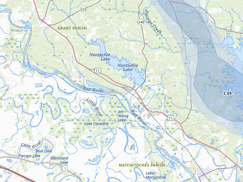 NEXRAD radar-signature map of the hail storm over Montgomery, LA on Jul 1, 2026