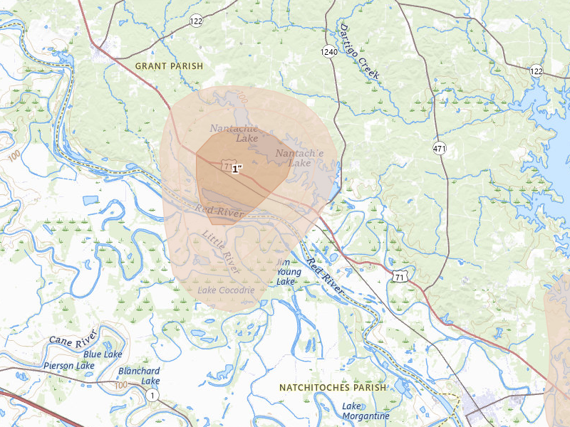 Radar-estimated hail-size map of the storm over Montgomery, LA on Aug 21, 2026