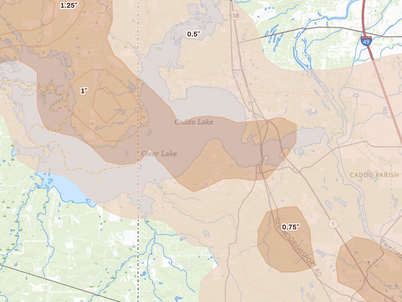 Radar-estimated hail-size map of the storm over Mooringsport, LA on Mar 15, 2026