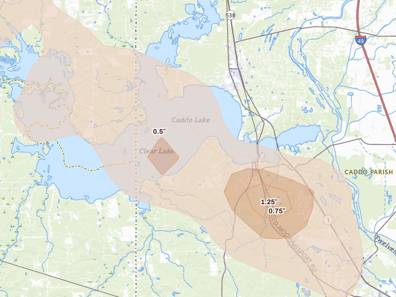 Radar-estimated hail-size map of the storm over Mooringsport, LA on Apr 26, 2026