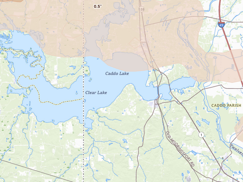 Radar-estimated hail-size map of the storm over Mooringsport, LA on Apr 29, 2026