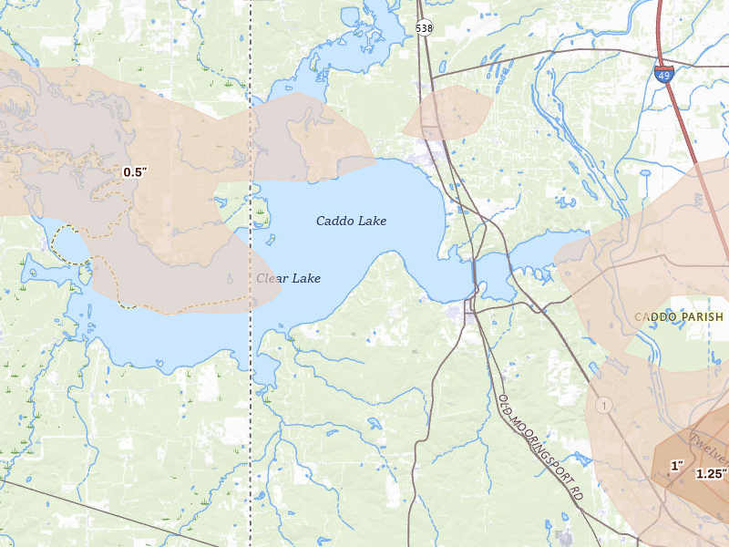 Radar-estimated hail-size map of the storm over Mooringsport, LA on May 8, 2026