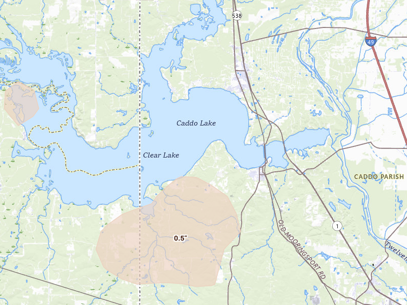 Radar-estimated hail-size map of the storm over Mooringsport, LA on Jul 7, 2026