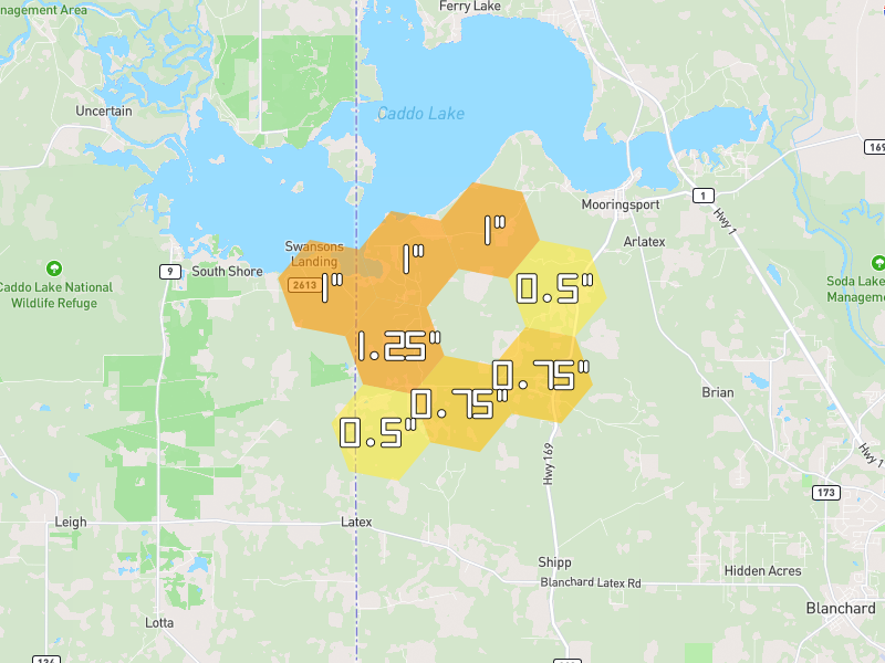 Hail map of Mooringsport, LA on Jul 7, 2026, hail up to 1.25"