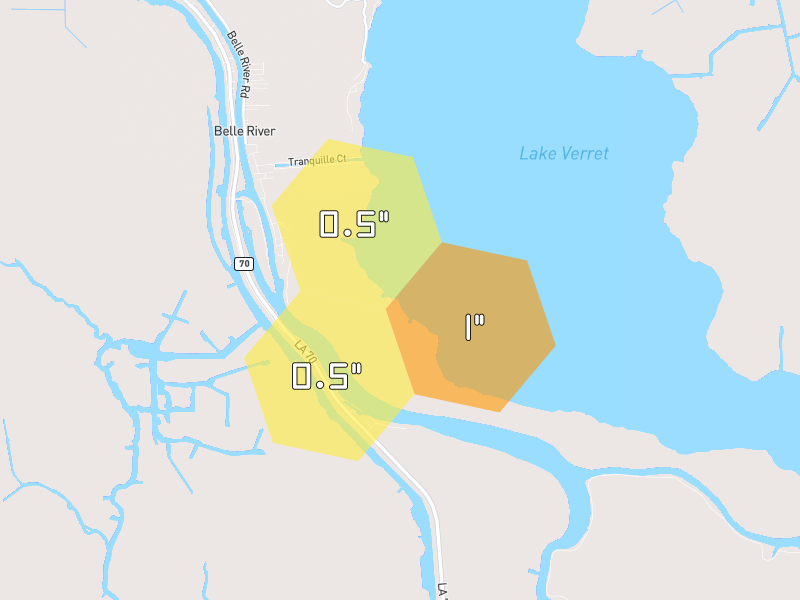 Hail map of Morgan City, LA on Jul 8, 2026, hail up to 1"