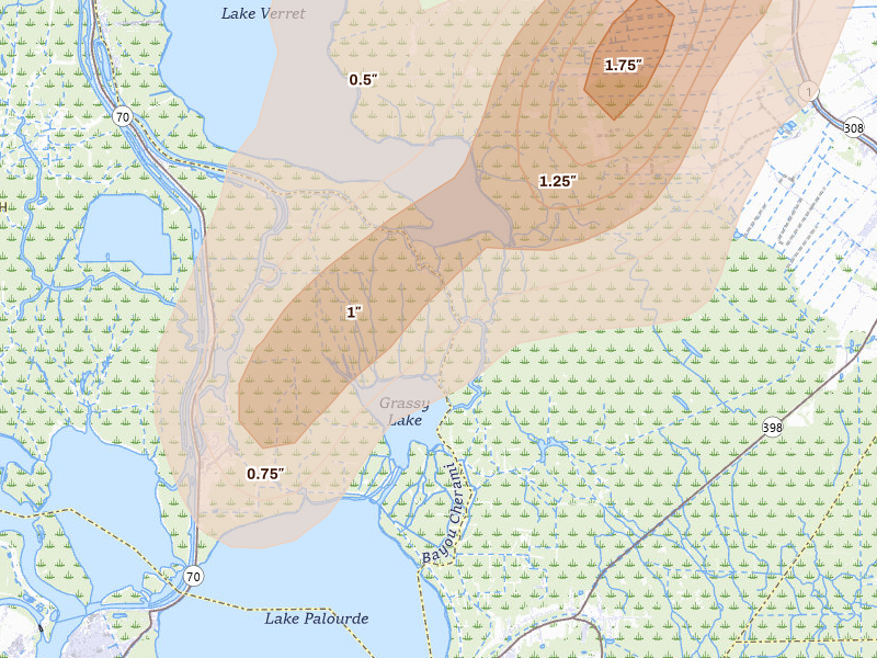 Radar-estimated hail-size map of the storm over Morgan City, LA on Aug 25, 2026