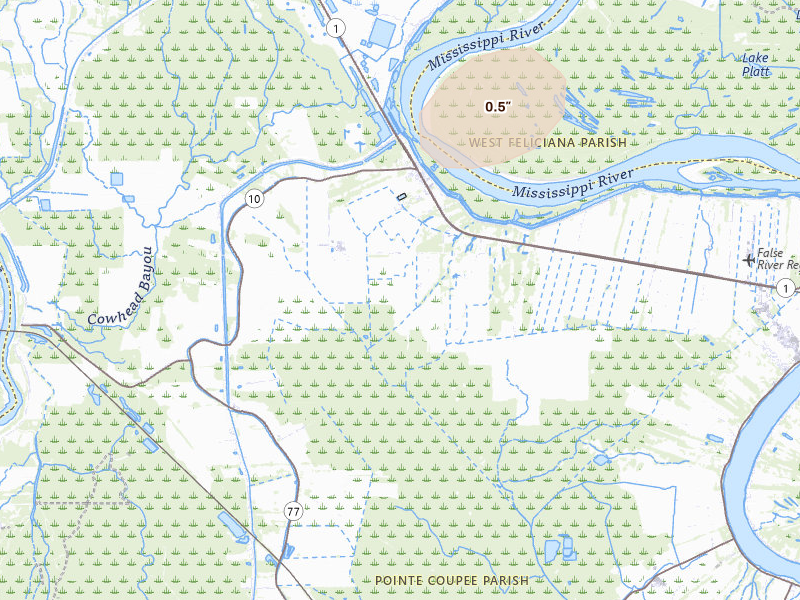 Radar-estimated hail-size map of the storm over Morganza, LA on Jul 8, 2026