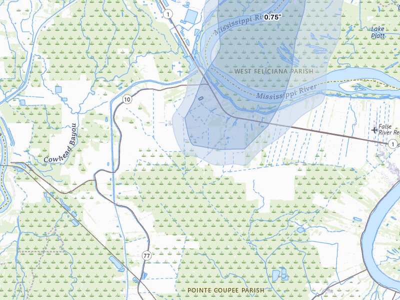 NEXRAD radar-signature map of the hail storm over Morganza, LA on Jul 8, 2026