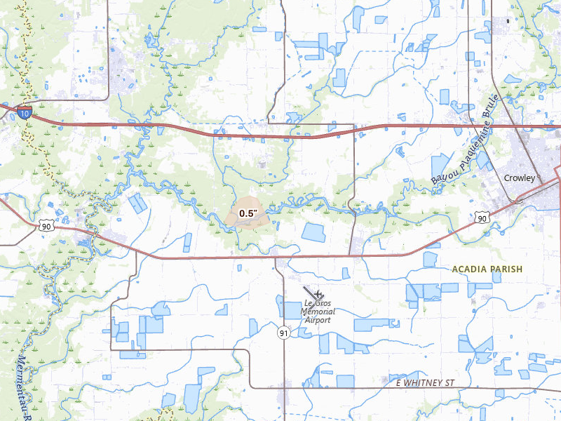 Radar-estimated hail-size map of the storm over Morse, LA on Mar 15, 2026