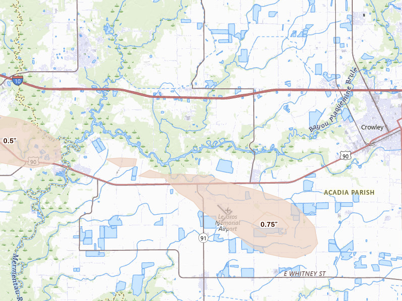 Radar-estimated hail-size map of the storm over Morse, LA on Apr 24, 2026
