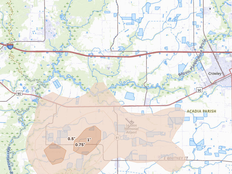 Radar-estimated hail-size map of the storm over Morse, LA on Jul 5, 2026