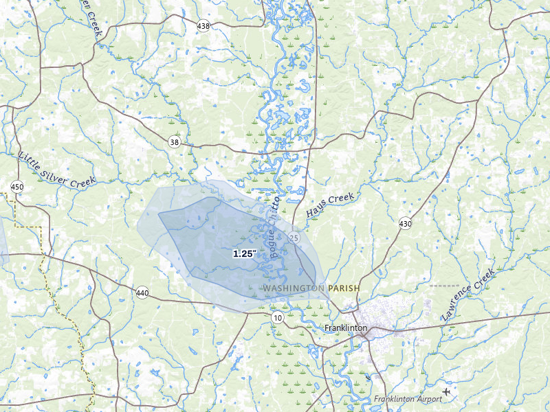 NEXRAD radar-signature map of the hail storm over Mount Hermon, LA on May 8, 2026