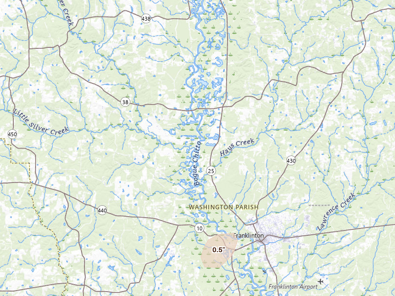 Radar-estimated hail-size map of the storm over Mount Hermon, LA on Jul 5, 2026