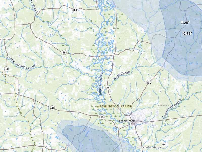 NEXRAD radar-signature map of the hail storm over Mount Hermon, LA on Jul 5, 2026