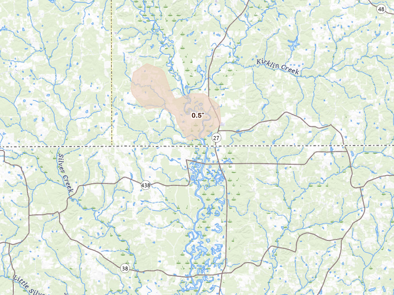 Radar-estimated hail-size map of the storm over Mount Hermon, LA on Aug 6, 2026