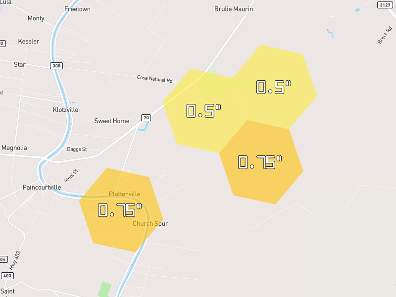 Hail map of Napoleonville, LA on Jul 3, 2026, hail up to 0.75"