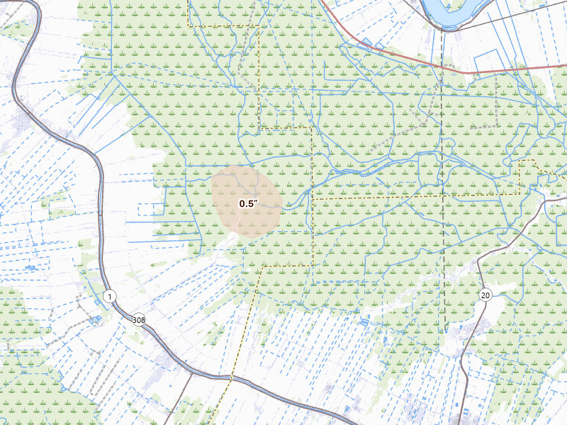 Radar-estimated hail-size map of the storm over Napoleonville, LA on Aug 2, 2026
