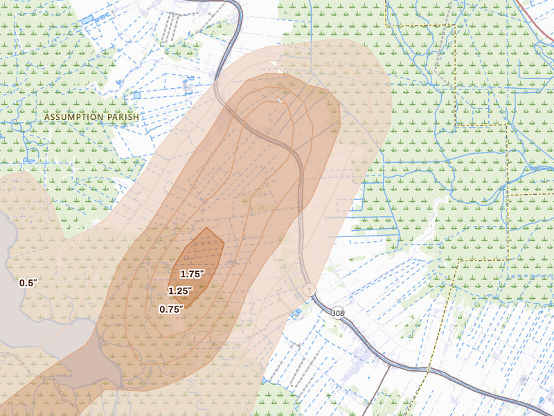 Radar-estimated hail-size map of the storm over Napoleonville, LA on Aug 25, 2026
