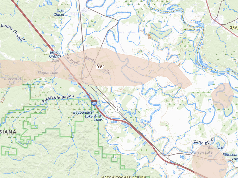 Radar-estimated hail-size map of the storm over Natchez, LA on Apr 29, 2026