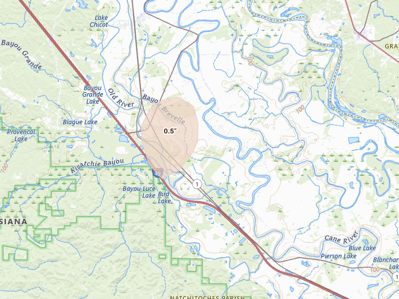 Radar-estimated hail-size map of the storm over Natchez, LA on Jun 2, 2026
