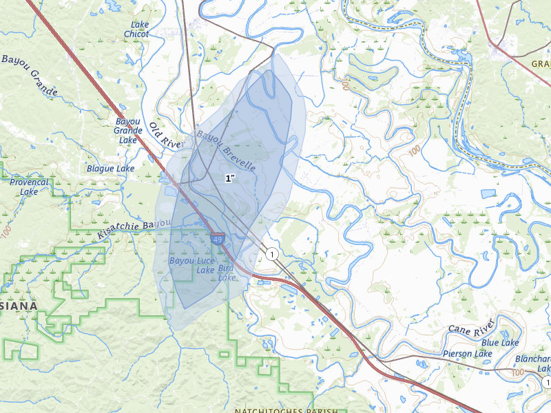 NEXRAD radar-signature map of the hail storm over Natchez, LA on Jun 2, 2026