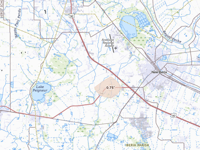 Radar-estimated hail-size map of the storm over New Iberia, LA on Mar 20, 2026