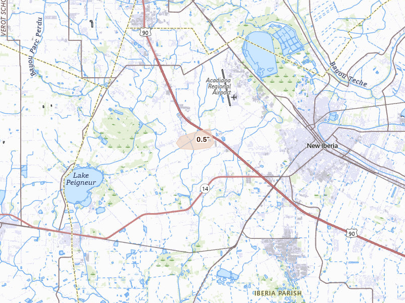 Radar-estimated hail-size map of the storm over New Iberia, LA on Apr 28, 2026