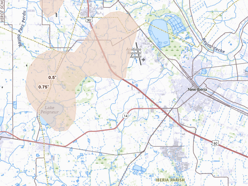 Radar-estimated hail-size map of the storm over New Iberia, LA on Jul 5, 2026