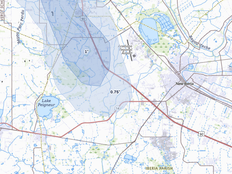 NEXRAD radar-signature map of the hail storm over New Iberia, LA on Jul 5, 2026
