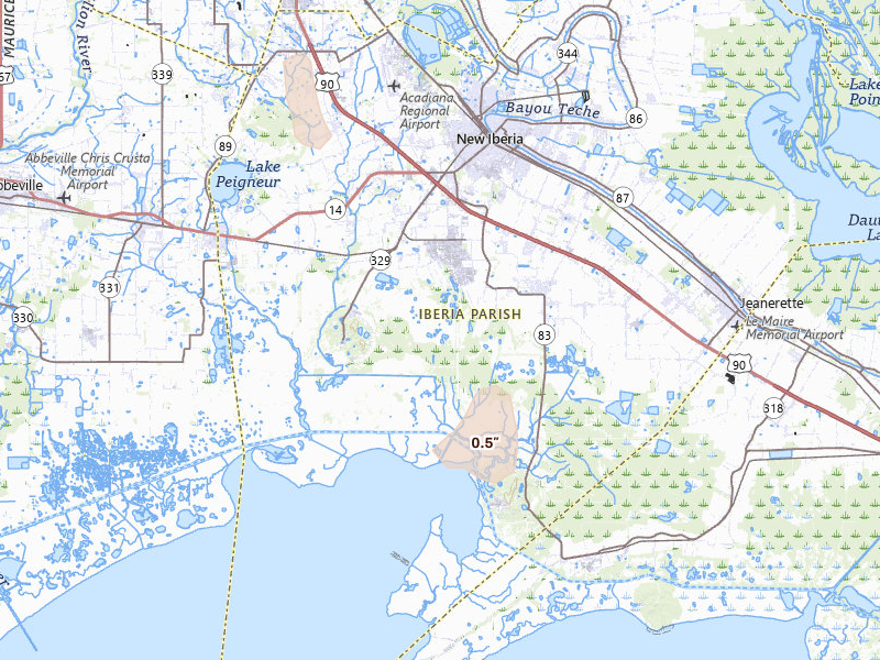 Radar-estimated hail-size map of the storm over New Iberia, LA on Aug 4, 2026