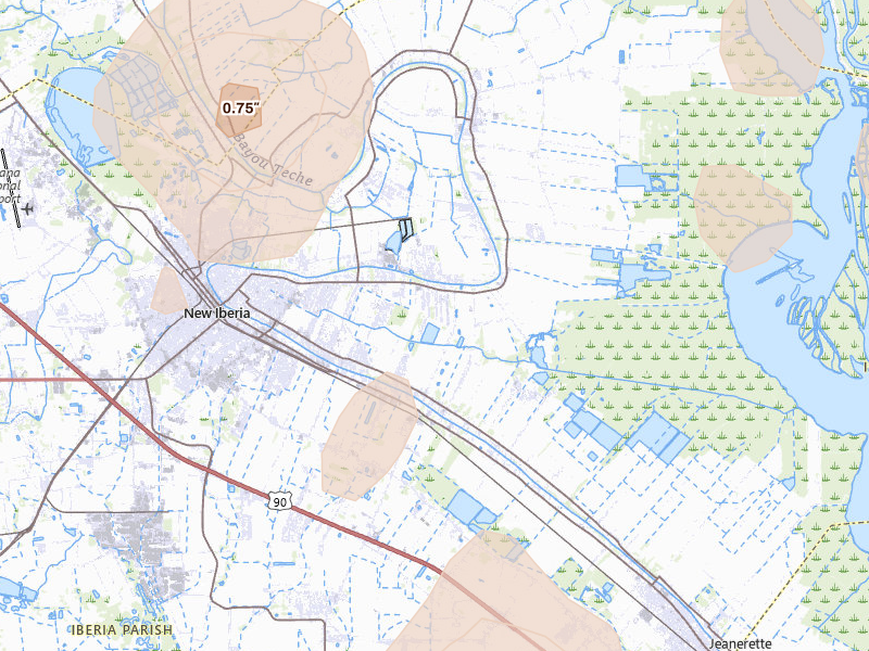 Radar-estimated hail-size map of the storm over New Iberia, LA on Aug 21, 2026