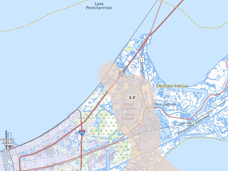 Radar-estimated hail-size map of the storm over New Orleans, LA on Apr 26, 2026