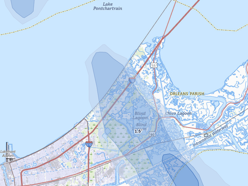 NEXRAD radar-signature map of the hail over New Orleans, LA