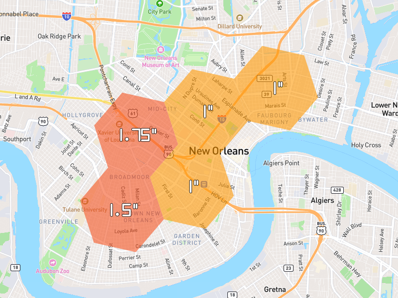 Hail map of New Orleans, LA on Jul 7, 2026, hail up to 1.75"