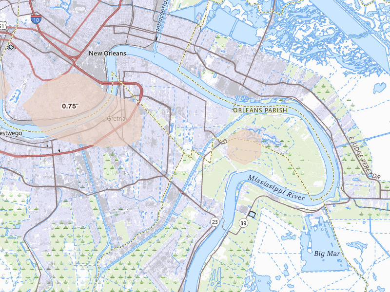 Radar-estimated hail-size map of the storm over New Orleans, LA on Aug 21, 2026