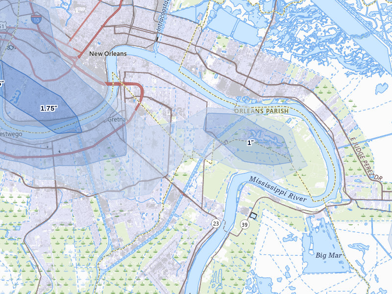 NEXRAD radar-signature map of the hail storm over New Orleans, LA on Aug 21, 2026