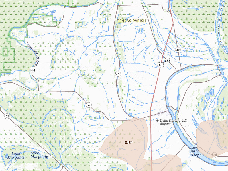 Radar-estimated hail-size map of the storm over Newellton, LA on Apr 24, 2026